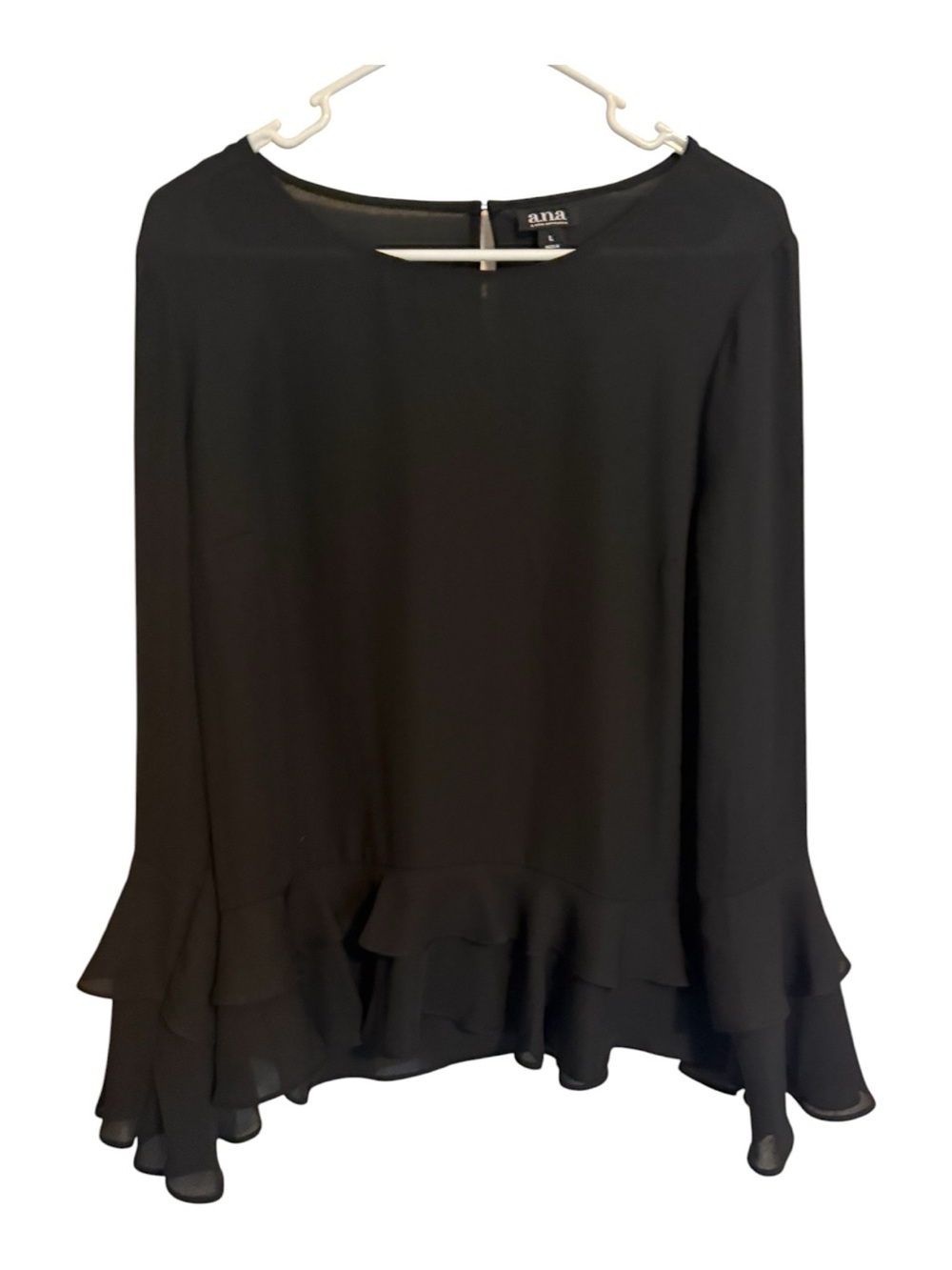 a.n.a Black Layered Ruffle-Hem Long Sleeve Blouse